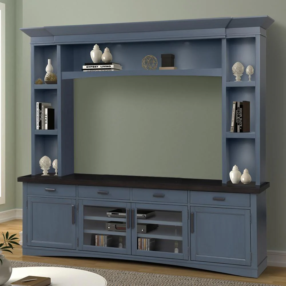 AMERICANA MODERN - DENIM 92" TV Console with Hutch & LED Lights - Image 3