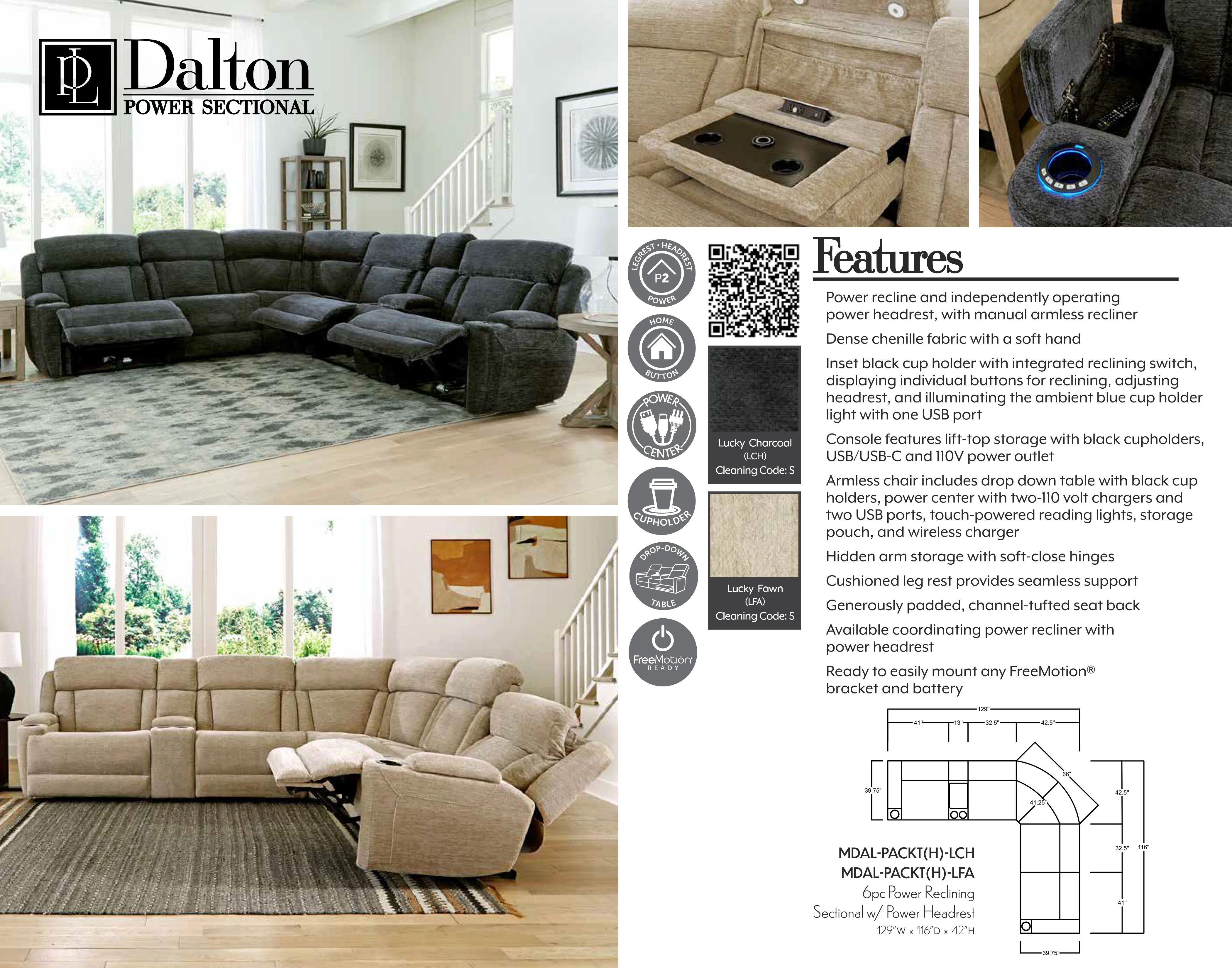 DALTON - LUCKY CHARCOAL 6pc Power Reclining Sectional - Image 9