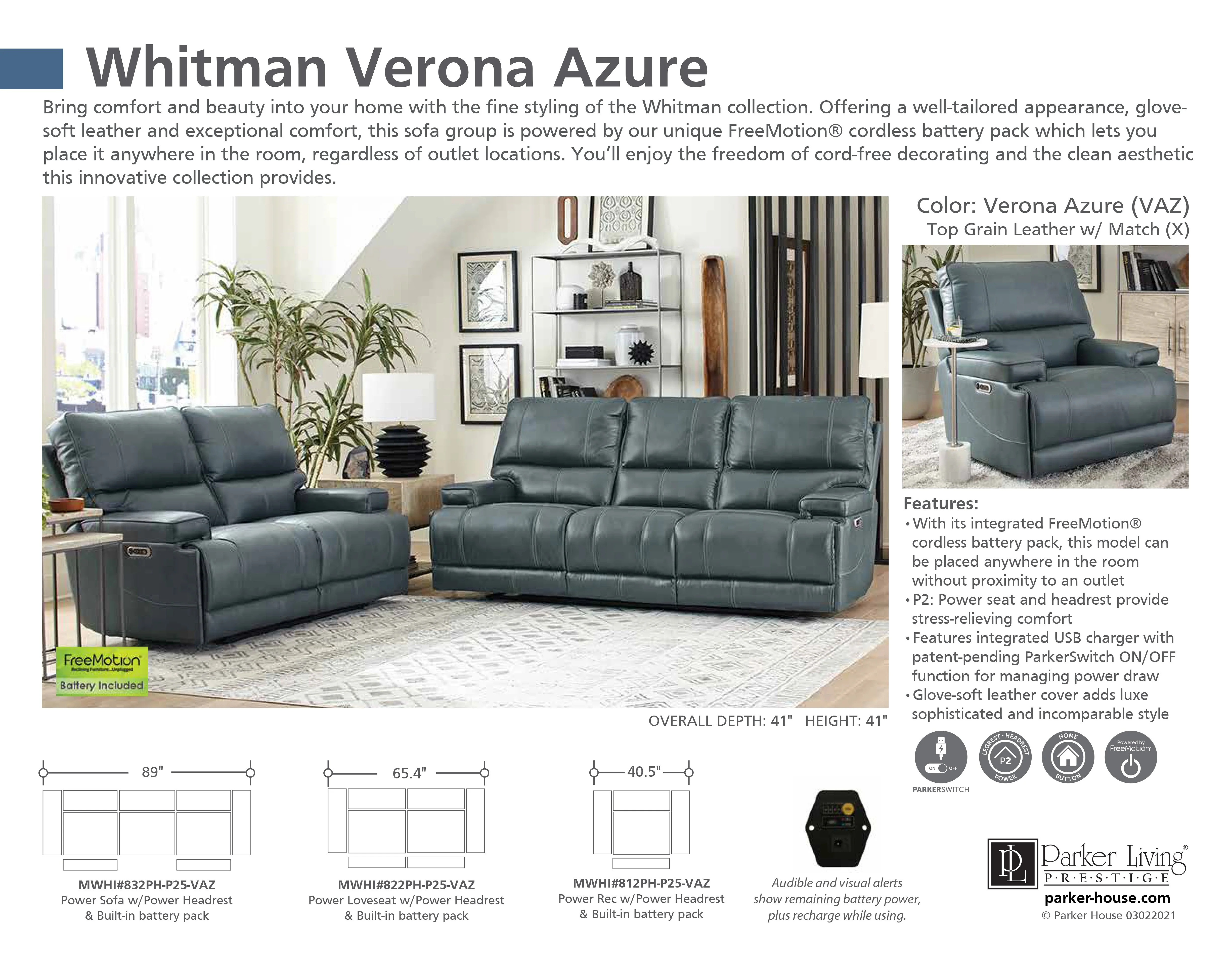 WHITMAN - VERONA AZURE Powered By FreeMotion Power Cordless Recliner - Image 7